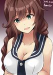  aqua_eyes artist_name bare_shoulders blush braid breasts collarbone commentary_request dated eyebrows_visible_through_hair gradient gradient_background highres kamelie kantai_collection large_breasts long_hair looking_at_viewer noshiro_(kantai_collection) open_mouth shaded_face shiny shiny_hair solo tank_top twin_braids 