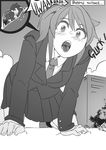  1girl blush comic cross-section english erika_(shukushou_gakuen) giantess greyscale hair_between_eyes hetero highres luckyb monochrome necktie open_mouth school_uniform shukushou_gakuen size_difference skirt swallowing tongue tongue_out vore 