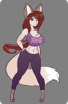  2017 anthro big_breasts black_nose blue_eyes breasts brown_hair canine chest_tuft cleavage clothed clothing female fox fur hair hi_res hindpaw long_hair looking_at_viewer mammal midriff navel pants paws scorpdk shirt smile solo standing tuft white_fur 