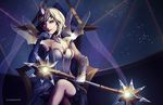  blonde_hair blue_eyes breasts cleavage crossed_legs driflooning elbow_gloves elementalist_lux gloves hair_ornament head_tilt league_of_legends light_elementalist_lux looking_at_viewer luxanna_crownguard medium_breasts short_hair sitting solo throne wand 