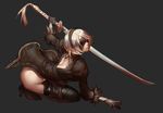  ass black_dress black_footwear black_legwear blindfold boots dress full_body gloves hairband high_heels katana kneeling kokutan_kitsunen nier_(series) nier_automata silver_hair simple_background solo sword thigh_boots thighhighs weapon yorha_no._2_type_b 