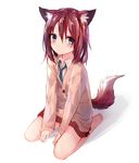  animal_ears barefoot blue_eyes brown_hair cardigan closed_mouth collared_shirt dog_ears dog_tail expressionless full_body miniskirt original pleated_skirt seiza shadow shirt simple_background sitting skirt solo sukemyon tail white_background wing_collar 