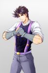  abs aqua_eyes battle_tendency brown_hair closed_mouth fingerless_gloves gloves gradient gradient_background grey_background highres jojo_no_kimyou_na_bouken joseph_joestar_(young) looking_at_viewer male_focus multicolored_hair muscle purple_hair shin_(840573976) smile solo suspenders upper_body 
