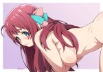  1girl artist_name blue_eyes blush border bow covering covering_breasts eyebrows_visible_through_hair gradient gradient_background hair_bow hair_ornament kouda_tomohiro long_hair looking_at_viewer minamoto_sakura nude outside_border red_hair simple_background solo wavy_mouth white_border zombie zombie_land_saga 