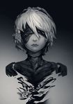  absurdres anonamos bangs black_background blindfold closed_mouth covered_eyes cropped_torso dissolving gradient gradient_background greyscale hair_between_eyes hairband highres lips monochrome nier_(series) nier_automata short_hair sketch smoke solo yorha_no._2_type_b 