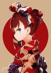  alternate_hairstyle animal_print anne_(wixoss) artist_name bangs beads bird bird_print blunt_bangs blush bow brown_background chinese_zodiac closed_mouth crane_(animal) eyelashes flag_background flat_chest from_side green_eyes hair_bow hair_bun hair_ornament hair_stick hair_up japanese_clothes japanese_flag kimono long_sleeves looking_at_viewer mole mole_under_eye new_year obi print_bow print_kimono profile red_hair red_kimono red_sun sash shamonabe sideways_glance signature solo upper_body wixoss year_of_the_rooster 