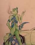  anthro bossman1969 butt canine car coyote ear_piercing from_behind_position looking_at_viewer male mammal piercing sex simple_background smoking tattoo vehicle 