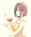  2016 artist_name beige_background blush breasts brown_hair camisole commentary_request cup dated from_side holding holding_cup holding_plate medium_breasts original plate reia saucer short_hair simple_background sketch smile solo steam tea teacup yellow_eyes 
