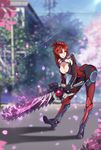  armor armored_boots benghuai_xueyuan blurry blurry_background bodysuit boots breasts cable chainsword cherry_blossoms choudan cleavage cleavage_cutout day electricity full_body gloves high_heel_boots high_heels highres holding holding_sword holding_weapon honkai_impact knee_boots knee_pads large_breasts leaning_forward legs_apart mecha_musume mechanical_arm mole mole_on_breast murata_himeko neon_trim open_mouth parted_lips petals ponytail power_armor power_suit red_armor red_bodysuit red_hair short_hair shoulder_armor skin_tight smile solo standing sword teeth vambraces weapon 