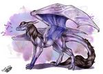 2012 brown_hair claws dragon feral hair horn membranous_wings natoli nude purple_skin smile solo standing traditional_media_(artwork) watermark wings 