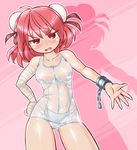  bandaged_arm bandages blush breasts cleavage collarbone commentary_request cuffs d: double_bun hand_on_hip ibaraki_kasen jitome medium_breasts one-piece_swimsuit open_mouth pink_eyes pink_hair school_swimsuit shackles solo swimsuit touhou v-shaped_eyebrows white_school_swimsuit white_swimsuit winn 