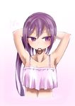  adjusting_hair akebono_(kantai_collection) armpits arms_behind_head bare_arms bare_shoulders collarbone crop_top hair_between_eyes highres kantai_collection koorimizu looking_to_the_side mouth_hold purple_eyes purple_hair sidelocks solo translated tying_hair underwear upper_body 