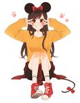  :d animal_ears bangs bike_shorts black_hair black_shorts body_blush bow brown_eyes brown_hair clothes_around_waist collarbone cross-laced_footwear d.va_(overwatch) disney double_v facepaint facial_mark fake_animal_ears fingernails grin hair_bow hairband hands_up highres jacket_around_waist long_hair long_sleeves looking_at_viewer mickey_mouse mouse_ears mouse_tail open_mouth overwatch paw_print perio_67 plaid_jacket red_bow red_footwear shirt shoes shorts simple_background sitting sleeves_past_wrists smile sneakers solo tail tail_bow teeth v whisker_markings white_background yellow_shirt 