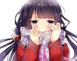  adagaki_aki adjusting_scarf black_eyes black_hair blush bow covering_mouth hair_bow harurun_zw long_hair masamune-kun_no_revenge scarf solo twintails 