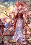  alternate_costume alternate_hairstyle blue_eyes blue_kimono blurry braid bridge cloud depth_of_field feather_boa feather_print feathers full_body full_moon granblue_fantasy grass hair_between_eyes hair_tousle hair_up highres japanese_clothes kimono lecia_(granblue_fantasy) light_smile moon obi orange_hair outdoors petals sash scarf sheath sheathed signo_aaa sky solo standing stone_floor sword tree twin_braids weapon wide_sleeves 