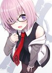  :d black-framed_eyewear black_legwear black_shirt black_skirt blush breasts character_name collared_shirt eyebrows_visible_through_hair eyes_visible_through_hair fate/grand_order fate_(series) glasses hair_over_one_eye head_tilt highres hyuuga_azuri jacket lavender_hair leaning_forward looking_at_viewer mash_kyrielight medium_breasts necktie off_shoulder open_clothes open_jacket open_mouth pantyhose pleated_skirt purple_eyes red_neckwear shield shirt silhouette skirt sleeves_past_wrists smile solo white_background white_shirt wing_collar 