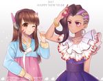  adjusting_hair_ornament alternate_costume asymmetrical_hair atobesakunolove bangle bangs bracelet brown_eyes brown_hair collarbone commentary_request d.va_(overwatch) dress earrings facepaint facial_mark flower frilled_dress frills gradient gradient_background grey_background hair_flower hair_ornament hanbok happy_new_year headphones heart highres hoop_earrings index_finger_raised jewelry korean_clothes light_smile long_hair long_sleeves looking_at_another mexican_dress mole mole_under_eye multicolored_hair multiple_girls necklace new_year one_eye_closed overwatch purple_dress purple_eyes signature sombra_(overwatch) swept_bangs traditional_clothes two-tone_hair upper_body whisker_markings 