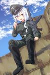  artist_name assault_rifle breasts commentary_request gun hat highres karo-chan medium_breasts nazi open_mouth original peaked_cap purple_eyes rifle signature solo ss_insignia stg44 totenkopf weapon white_hair 