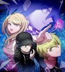  3boys akamatsu_kaede amami_rantarou backpack bag baseball_cap beamed_eighth_notes black_hair blue_shirt danganronpa ear_piercing eighth_note gakuran green_eyes green_hair hat multiple_boys musical_note musical_note_hair_ornament necktie new_danganronpa_v3 one_eye_closed open_mouth orange_neckwear ouma_kokichi piercing pinstripe_pattern pleated_skirt pointing projected_inset purple_eyes purple_hair purple_skirt randomblue saihara_shuuichi school_uniform shirt sixteenth_note skirt striped striped_shirt sweater_vest 