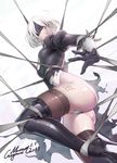  absurdres ass bdsm black_dress black_gloves black_legwear blindfold bondage bound breasts brown_legwear dress gloves gorgeous_mushroom hairband highres leotard medium_breasts mole mole_under_mouth nier_(series) nier_automata restrained short_hair signature skindentation skirt solo thighhighs thighs white_gloves white_hair white_leotard yorha_no._2_type_b 