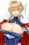  ahoge artoria_pendragon_(all) artoria_pendragon_(lancer) blonde_hair blush braid breasts bursting_breasts cape cleavage cleavage_cutout commentary_request crown fate/grand_order fate_(series) flying_sweatdrops fur_trim gauntlets green_eyes hair_between_eyes hair_ornament highres large_breasts looking_at_viewer onineko-chan open_mouth short_hair solo sweat teeth translated upper_body 