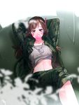  1girl arms_behind_head arms_up bad_id bad_pixiv_id bangs blurry bored breasts brown_eyes brown_hair bubble_blowing camouflage chewing_gum collarbone crop_top crossed_legs d.va_(overwatch) depth_of_field dog_tags eyebrows_visible_through_hair facepaint facial_mark grey_shirt headphones highres legs_together long_hair long_sleeves looking_at_viewer lying mecha medium_breasts meka_(overwatch) midriff military navel on_back on_mecha open_clothes open_shirt overwatch pants shirt shirt_lift signature solo sports_bra whisker_markings 