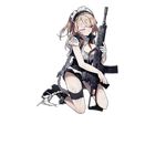  apron assault_rifle blonde_hair blue_eyes blush boots braid breasts cleavage full_body g36 g36_(girls_frontline) girls_frontline gloves gun kneeling large_breasts leg_garter long_hair looking_away magazine_(weapon) maid maid_apron maid_headdress official_art rifle shirt shuzi skirt solo thigh_strap torn_clothes torn_shirt torn_skirt transparent_background very_long_hair weapon wince 