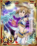  armpits breasts brown_eyes brown_hair card_(medium) cleavage detached_sleeves hair_between_eyes hair_ornament holding looking_at_viewer midriff navel o-ring o-ring_top official_art open_mouth pina_(sao) red_eyes short_hair short_twintails silica small_breasts solo sword_art_online sword_art_online:_code_register twintails 