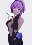  bare_shoulders breasts commentary_request dark_skin fate/grand_order fate_(series) flower hassan_of_serenity_(fate) holding holding_mask kusano_houki mask mask_removed medium_breasts purple_eyes purple_hair short_hair skull_mask solo 