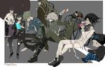  ahoge amami_rantarou android bad_id bad_twitter_id bandages beard black_hair blue_eyes blush_stickers boots checkered checkered_scarf copyright_name covered_mouth danganronpa drinking electric_fan facial_hair gakuran glasses gokuhara_gonta green_eyes green_hair hat horned_headwear hoshi_ryouma jacket jacket_on_shoulders jewelry keebo kiseru male_focus mask momota_kaito multiple_boys necklace new_danganronpa_v3 ouma_kokichi pants pipe power_armor purple_hair saihara_shuuichi scarf school_uniform shinguuji_korekiyo shirt silver_hair sitting smile soda_bottle spiked_hair straitjacket striped striped_pants striped_shirt suou 