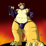  anthro ball_gag bulge clothing collar first_person_view gag koopa kotetsu_rexen looking_at_viewer male mario_bros nintendo overweight rubber scalie smile solo spiked_collar spikes standing submissive submissive_pov underwear video_games 