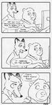  anthro bear canine chair clothed clothing comic computer dialogue disney fan_character female fox fur hi_res male mammal mistermead monochrome sitting speech_bubble text zootopia 