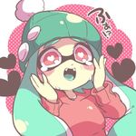  aqua_hair beanie commentary_request domino_mask fangs hands_on_own_face hat heart heart-shaped_pupils inkling lowres mask nana_(raiupika) pink_eyes solo splatoon_(series) splatoon_1 symbol-shaped_pupils tentacle_hair 