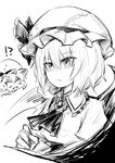  2girls absurdres ascot bangs bat_wings blank_eyes bow closed_mouth eyebrows_visible_through_hair eyes_visible_through_hair fang fang_out flandre_scarlet frilled_bow frilled_shirt_collar frills greyscale hair_between_eyes hand_up hat hat_bow head_only highres mob_cap monochrome multiple_girls oninamako open_mouth remilia_scarlet serious short_hair short_sleeves simple_background sketch slit_pupils surprised sweat touhou upper_body white_background wing_collar wings 
