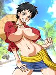 1girl arm_support black_hair breasts garou_damenade genderswap hat highres large_breasts leaning monkey_d_luffy nipples one_piece open_clothes open_shirt shirt short short_hair shorts straw_hat wind 