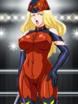  1girl blonde_hair blue_eyes breasts elbow_gloves genka_ichien large_breasts lipstick long_hair miss_x_(tiger_mask) open_mouth standing tiger_mask_(series) tiger_mask_w 