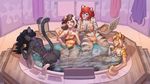  blush breasts brown_eyes brown_hair bulge clothing dandee_(character) fel_(character) feline female food group hair hot_tub kyra_(character) lion luxarts_(artist) mammal pancake_(character) panther pizza swimsuit tiger white_lion 