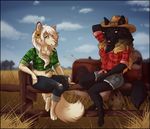  anthro canine clothed clothing compass_(artist) duo female hat looking_at_viewer mammal outside sitting slightly_chubby smile 