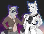  anthro canine clothed clothing compass_(artist) duo female hands_on_hips male mammal raccoon smile standing 