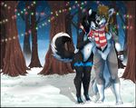  anthro canine compass_(artist) duo female fur hair male mammal outside scarf smile snow standing wolf 