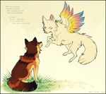  ambiguous_gender canine compass_(artist) duo english_text feathered_wings feathers feral fur mammal sitting text wings 
