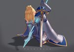  absurdres armor artoria_pendragon_(all) blonde_hair copyright_name crack energy_weapon excalibur fate/zero fate_(series) full_body grey_background head_down highres impaled juliet_sleeves leaning_forward long_hair long_sleeves long_sword one_knee planted_sword planted_weapon polearm puffy_sleeves saber solo spear sword takamitsu-kun weapon 