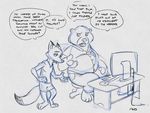  anthro bear canine chair clothed clothing computer desk dialogue disney fan_character female fox fur hand_on_hip hi_res male mammal mistermead monochrome overweight sitting size_difference speech_bubble text zootopia 