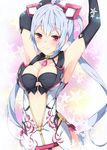  ahoge armpits arms_up bangs black_gloves black_panties blush breasts choker cleavage collarbone elbow_gloves gem gloves hair_ornament headband innocent_cluster large_breasts long_hair looking_at_viewer matoi_(pso2) milkpanda panties pantyshot pantyshot_(standing) phantasy_star phantasy_star_online_2 red_eyes silver_hair sleeveless smile solo standing star twintails underwear upper_body 