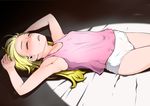  1girl armpits blonde_hair child drooling eyes_closed female flat_chest j7w long_hair lying on_back original panties pink_shirt saliva shirt sleeping solo tanktop underwear white_panties 