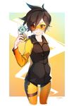  adapted_costume bodysuit brown_eyes brown_hair casual cellphone cropped_legs goggles highres hood hoodie ng_(kimjae737) orange_bodysuit overwatch phone self_shot short_hair smartphone smile solo spiked_hair tracer_(overwatch) 