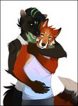  anthro canine clothed clothing compass_(artist) duo fur hair hug male mammal open_mouth smile 