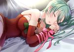  alternate_costume aqua_hair arm_warmers bare_shoulders breasts closed_eyes collarbone detached_collar dress fur_trim hair_between_eyes hands_together kantai_collection large_breasts lips long_hair merry_christmas neckerchief red_dress red_neckwear sleeping sleeves_past_wrists solo suzuya_(kantai_collection) yunamaro 