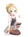  black_legwear blonde_hair breasts casual character_name first_aid_kit full_body green_eyes labcoat looking_at_viewer medium_breasts mercy_(overwatch) miniskirt ng_(kimjae737) overwatch pantyhose pencil_skirt ponytail red_cross skirt smile solo 