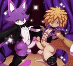  anthro balls butt cat cheshire_thaddeus_felonious clothed clothing duo erection eyeshadow feline fur girly gloves hair legwear looking_at_viewer makeup male mammal pangolin pascal_(yggdrasill00) penis pink_fur purple_fur scales smile sssonic2 stockings tongue wide_hips 